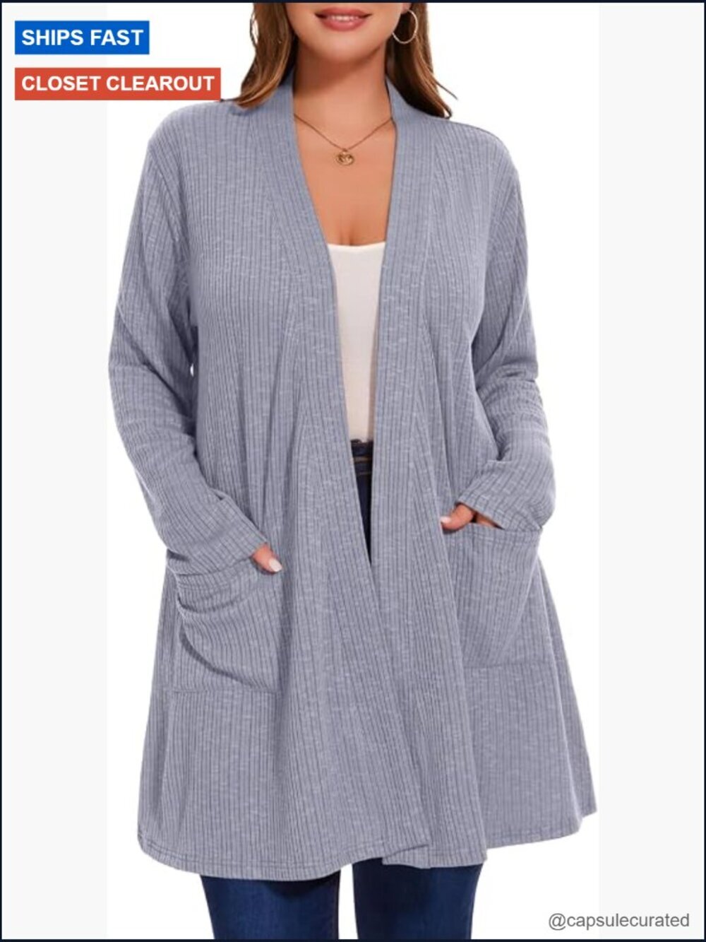 Plus Size Cardigan Sweater Open Front Long Sleeve Top with Pockets Casual